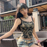 Joskaa American Vintage Camouflage Vest for Women 2024 Summer New Slim Fit Tank Top Y2k E-Girl Sexy Off Shoulder Camisole Tops