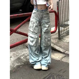 Joskaa Street Vintage Multiple Pocket Denim Pants for Women 2024 Summer New Loose Wide Leg  Y2k E-Girl High Waist Straight Jeans