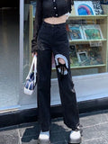 Back To School Joskaa Black Jeans Women Y2k Ripped Fashion Hollow Out Bow High Waist Wide Leg Denim Trousers Streetwear Causal Mujer Pantalon