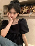 Joskaa Blouses Women Square Collar Sweet Loose French Style Puff Sleeve Chic Ruffles Simple Ulzzang Solid Fashion Temper Student Summer