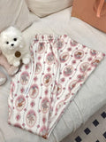 Joskaa Fashion All-match Cute Rabbit Print Trousers Y2k Drawstring High Waist Flare Pants 2024 Sumemr New Loose Wide Leg