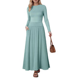 Joskaa Women Fashion Maxi Skirt Casual Round Neck Solid Color Pleated Pocket Slim Fit Long Sleeve Dresses For Women Knee Length