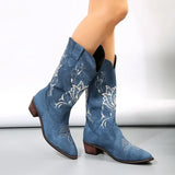 Joskaa Retro Pointy Toe Ankle Boots  Winter New Blue Canvas Denim Boots Women Casual Embroidered Western Cowboy Boots Botines Mujer