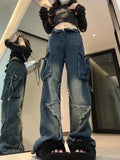 Joskaa American Retro Street Five Pointed Star Pocket Jeans Y2k High Waist Loose Wide Leg Pants  2024 New Straight Denim