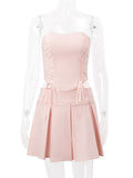 Joskaa Casual Two Piece Sets Women Skir Suit Pink Strapless Lace Up Crop Top A-line Skirt Female Summer Outside Streetwear