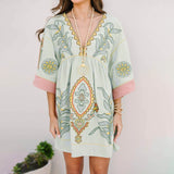 Joskaa Women Casual Dress Oversized V Neck 3/4 Sleeve Loose A Line Retro Bohemian Embroidered Mini Dress For Women Holidays Vestidos