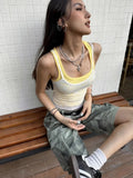 Joskaa American Vintage Mesh Lace White Camisole+ Y2k Sexy Slim Fit Yellow Knitted Vest for Women 2024 Summer New Two Piece Sets