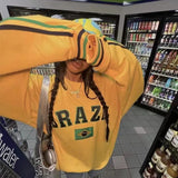 Back To School Joskaa 2000s Retro Gothic New Brazil Flag Graphic Yellow Pullover Hoodie Women Harajuku Y2k Aesthetic Long Sleeve Sweatshirt Streetwear