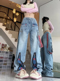 Back To School Joskaa Baggy Jeans Women Y2k Oversize Causal Zipper Star Contrast Color Wide Leg Denim Pants Streetwear Retro Straight Bottoms