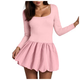 Joskaa Women'S Sexy Bubble Mini Dress Bustier Square Neck Color Block Long Sleeve Ruffles Short Party Dresses 2025 Casual Below Knee