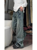 Joskaa Oversize Vintage Street Denim Pants Women Y2k E-Girl High Waist Ruched Straight Trousers 2024 Spring New Loose Wide Leg