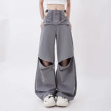 Joskaa Gray Cargo Pants Female 2024 Summer Casual Original Retro Multi Zip Pocket Two Wear Design Drawstring  Oversized Trousers