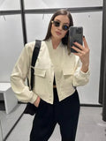 Back To School Joskaa Women Fashion With Pockets Bomber Jacket Coats Vintage Long Sleeve Front Button Casual Female Outerwear Chic Tops