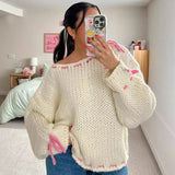 Black Friday Joskaa Contrast Color Knitted Pullover Sweater Top For Women Drawstring Loose Long Sleeve Splice Autumn Winter Fashion Sweater