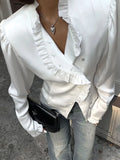 Black Friday Joskaa Retro Fungus Long Sleeve Button Women's Shirt Fashion White Satin Patchwork Cardigan Top Female Autumn Casual Slim Shirt