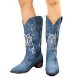 Joskaa Retro Pointy Toe Ankle Boots  Winter New Blue Canvas Denim Boots Women Casual Embroidered Western Cowboy Boots Botines Mujer