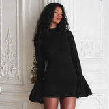 Black Friday Joskaa Fashion Pull Sleeve Black Mini Dress Female High Waist Elegant Long Sleeve Dresses Club Party Bodycon Women's Clothing