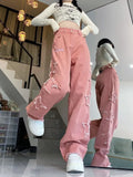 Joskaa American Retro Star Embroidery Pink Jeans for Women Y2k E-Girl High Waist Denim Pants 2024 Summer New Loose Wide Leg