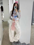 Joskaa Fashion Sweet Floral Print Pants for Women 2024 Summer New High Waist Drawstring Trousers Y2k Straight Loose Wide Leg