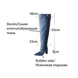 Joskaa Autumn Women Boots Denim Fabric Shoes for Women Pointed Toe High Heel Shoes Fashion Knee-high Boots Lantern Boots Handmade Shoes