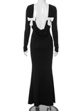 Black Friday Joskaa Elegant Backless Bows Maxi Dress Female Chic Bodycon Long Sleeve Club Party Outfits Fashion Black Dresses Vestido Ladies