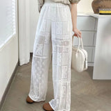 Joskaa 2024 Summer Hollow Out Lace White New Pants Y2k E-Girl High Waist Straight Trousers Fashion Casual Loose Wide Leg