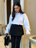 Black Friday Joskaa Retro Diamond Ruffled Shirt For Women Stand Color White Top Casual Fashion Flare Long Sleeve Single Breasted Lady Blouses