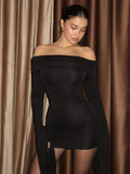 Black Friday Joskaa One-Shoulder Ruched Sexy Dress For Women Long Sleeve Slim Mini Dress Hip Wrap Solid High Waist Clothes Fashion Streetwear