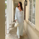 Joskaa Long Sleeve Knit Beach Dress Women Sexy See Through Slim Maxi Dress Summer Elegant Solid Backless Long Dress Holiday Outfit 2024