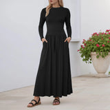 Joskaa Women Fashion Maxi Skirt Casual Round Neck Solid Color Pleated Pocket Slim Fit Long Sleeve Dresses For Women Knee Length