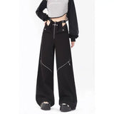 Joskaa American Low Waisted Zipper Hollow Out Black Cargo Pants Summer High Waist Denim  2024 New Loose Wide Leg Jeans Women