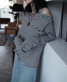 Joskaa Spring Autumn New Black Gray Striped T-shirts Sexy Off Shoulder Knitted Tops Women Y2k E-Girl Long Sleeve Blusas Mujer