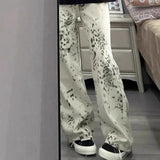 Joskaa American Retro White Leopard Print Denim Pants Y2k E-Girl High Waist Straight Trousers 2024 Summer New Loose Wide Leg Jeans