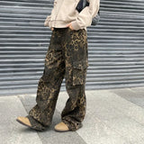 Joskaa American Street Oversized Leopard Print Cargo Pants Y2k Grunge High Waist Straight Trousers Spring New Loose Wide Leg