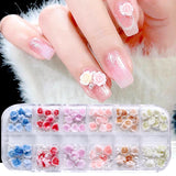 Joskaa 12Grids Champagne Rose Flower 3D Nail Charms Mixed Pearl Beads Nail Art Decoration Part Jewelry Rhinestone Manicure Accessories