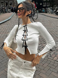 Black Friday Joskaa Bows Cutout Long Sleeved Cropped Top Female Fashion Thin Slim Knitted T-Shirt Pulover Sexy Hot Girl Party Club Top Autumn