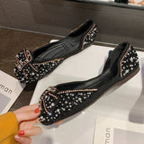 JOSKAA  Flat Luxury Black Slip-on Shoes Footwear Woman Mocassini Women's 2024 Trend Summer New Korean Style Fashion Rhinestone