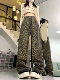 Joskaa Vintage Street Leopard Print Straight Jeans for Women Y2k High Waist All-match Denim Pants 2024 New Loose Wide Leg Pants