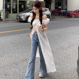 Joskaa Elegant Slash Neck White Shirts Women Y2k E-Girl Slim Waist Lace Blusas Mujer 2024 Summer New Mid-length Loose Blouses Dress