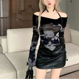 Joskaa Korean Sexy Halter Off Shoulder T-shirts Spring Autumn New Slim Fit Print Black Tee Shirt Y2k Grunge Long Sleeve Tops Women