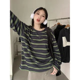 Joskaa Korean Chic Striped Long Sleeve T-shirt Women Autumn Grunge Looselong  Tops Mujer Y2k E-Girl Mid-length Thin Tee Shirt