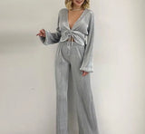 Urban French Women's Two-Piece Elegant Fashion Silk Gray V-Neck Pleated Lace Bubble Long Sleeved T-Shirt High Waisted Pants Set