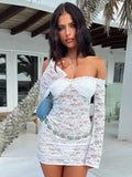 Joskaa White Lace Strapless Backless Evening Party Dress Women Hollow Out Elegant Sexy Dress Bodycon Mini Summer Dress Vestido