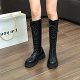 JOSKAA British style winter round head high rise fashion boots PU leather breathable cross strap middle heel youth back zipper fashion