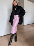 Black Friday Joskaa Retro Leather Slit Skirt Fashion Office Woman Matte High Waisted With Zipper Midi Skirts Slim Lady Fall Winter Streetwear