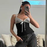 Black Friday Joskaa V-neck Lace Suspender Top 2024 Summer Sexy Stitching Contrasting Color Vest Top Women's Hot Girl Fashion T-shirt Pullover