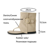 Joskaa NEW Summer Boots Open Toe Low Heel Women Sandals Cotton Fabric Shoes for Women Pinch Toe Cool Boots Casual Belt Buckle Shoes