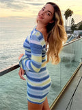 Back To School Joskaa hoco dresses Striped Printed Knit Dress Cover Ups For Women Long Sleeve Loose Knitted Beach Swimwear Cover Ups Dress Backless Knitwear