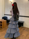 Back To School Joskaa Harajuku Tiered Plaid Skirt Pleated High Waist Long Maxi Cake Skirt Mujer Summer Fashion Tshirt Sexy Two Piece Set Women