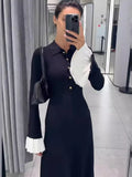 Black Friday Joskaa Flare Sleeve Splice Knitted Long Dress For Women Casual High Waist Button Lapel Sweater Dress Elegant Autumn Party Dress